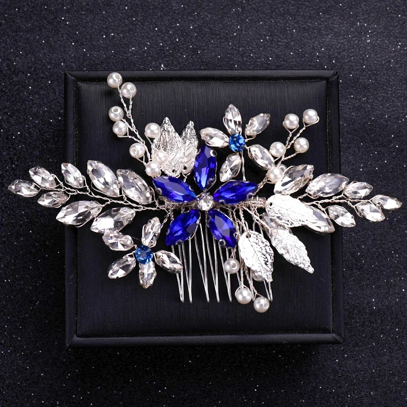 Trendy wedding flower hair accessories Handmade silver pearl hair comb tiara rhinestone bride headdress bridal hair ornaments image 2