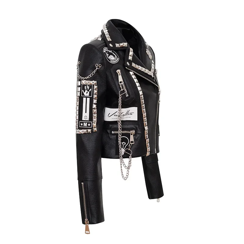 Punk Studded Black Leather Jacket for Women 2024 Trend Streetwear Graffiti Print Motorcycle  Faux Leather Cropped Jackets S-XXXL