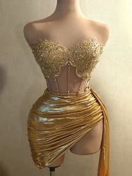 Sexy Strapless Sequins Rhinestone Luxury Gold Dress Design 2024 Stage Show Outfit Women Glitter Top Two Pieces Short Skirt Sets