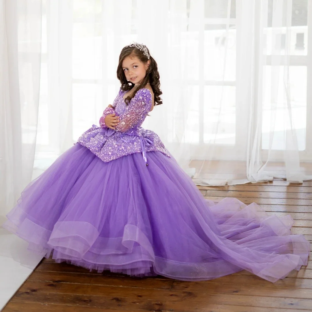 فستان أنيق لفتاة الزهور لحفلات الزفاف بأكمام كاملة من التول والترتر مع فساتين حفلات أعياد الميلاد للأطفال فساتين سهرة مخصصة
