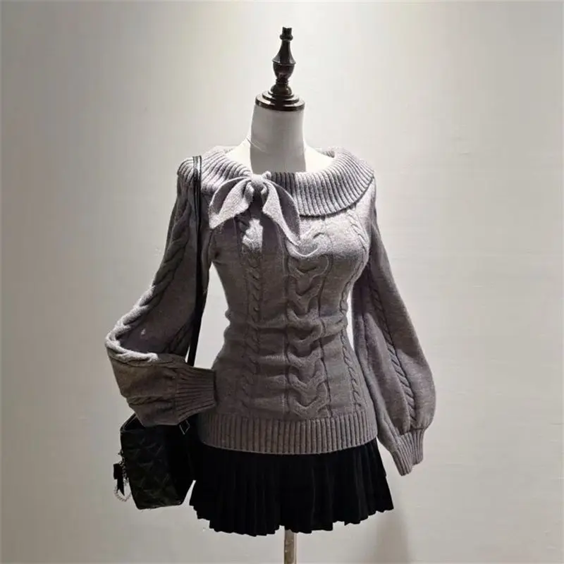 

Korean Style Sweet College Style Gray Twist Rabbit Ear Collar Pullover Sweater for Women Autumn and Winter Waist Knitted Top