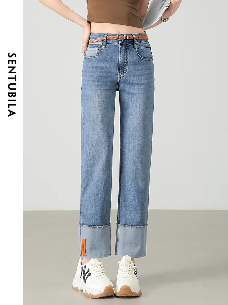 

SENTUBILA Ankle Length Jeans Woman Cotton Blend Washed Denim Pants 2024 Straight Leg Casual Trousers Women's Clothing W42N55370