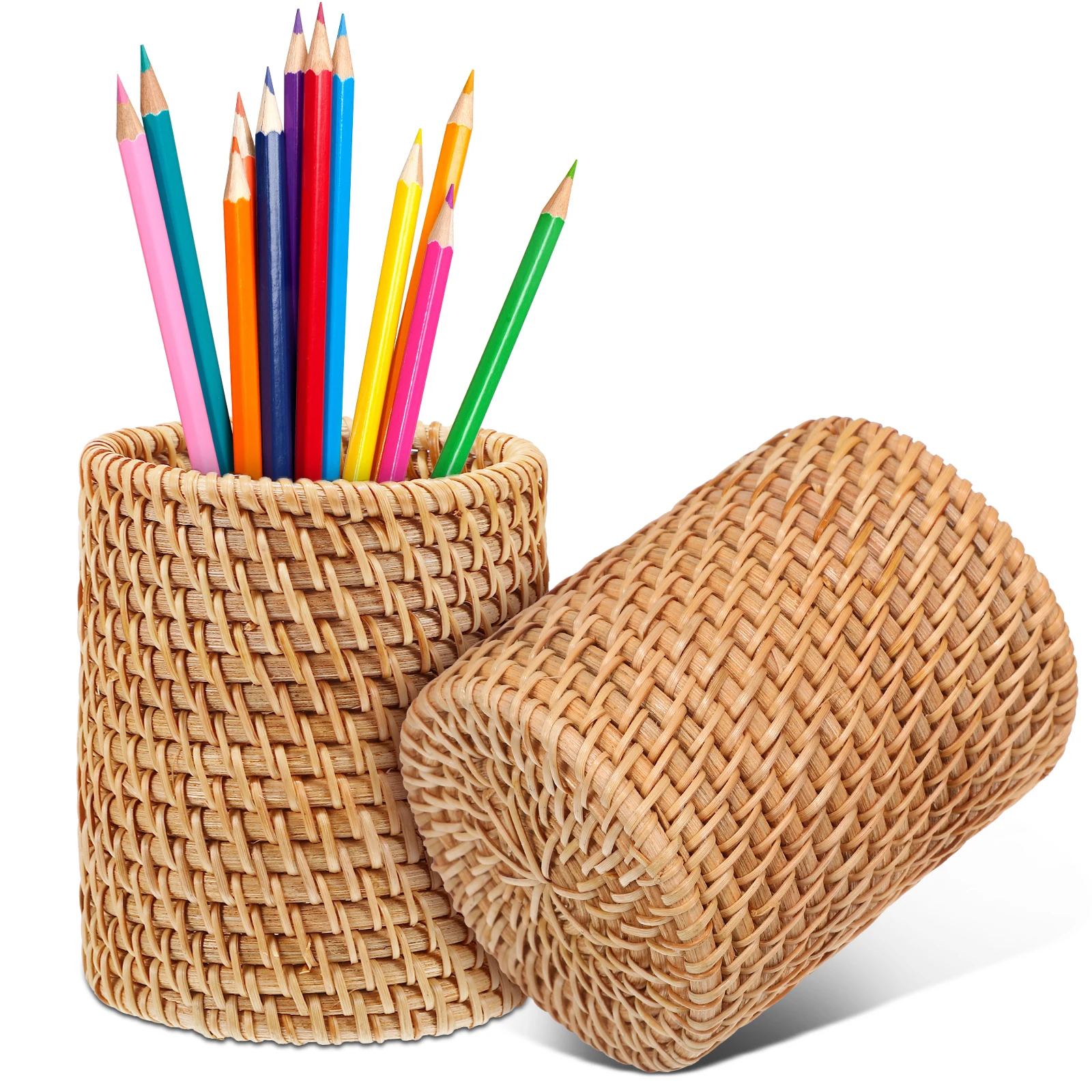 

2pcs Woven Pen Holders Bamboo Desktop Organizer For Pens Pencils Makeup Art Supplies Storage Craft Classroom Desk Accessories