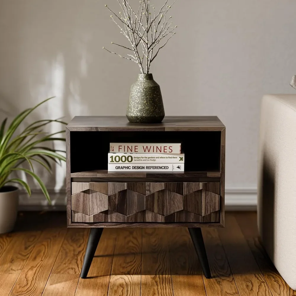 طاولة جانبية، طاولة جانبية حديثة مجمعة بالكامل في منتصف القرن - خزانة بجانب السرير بنمط هندسي لغرفة النوم وغرفة المعيشة