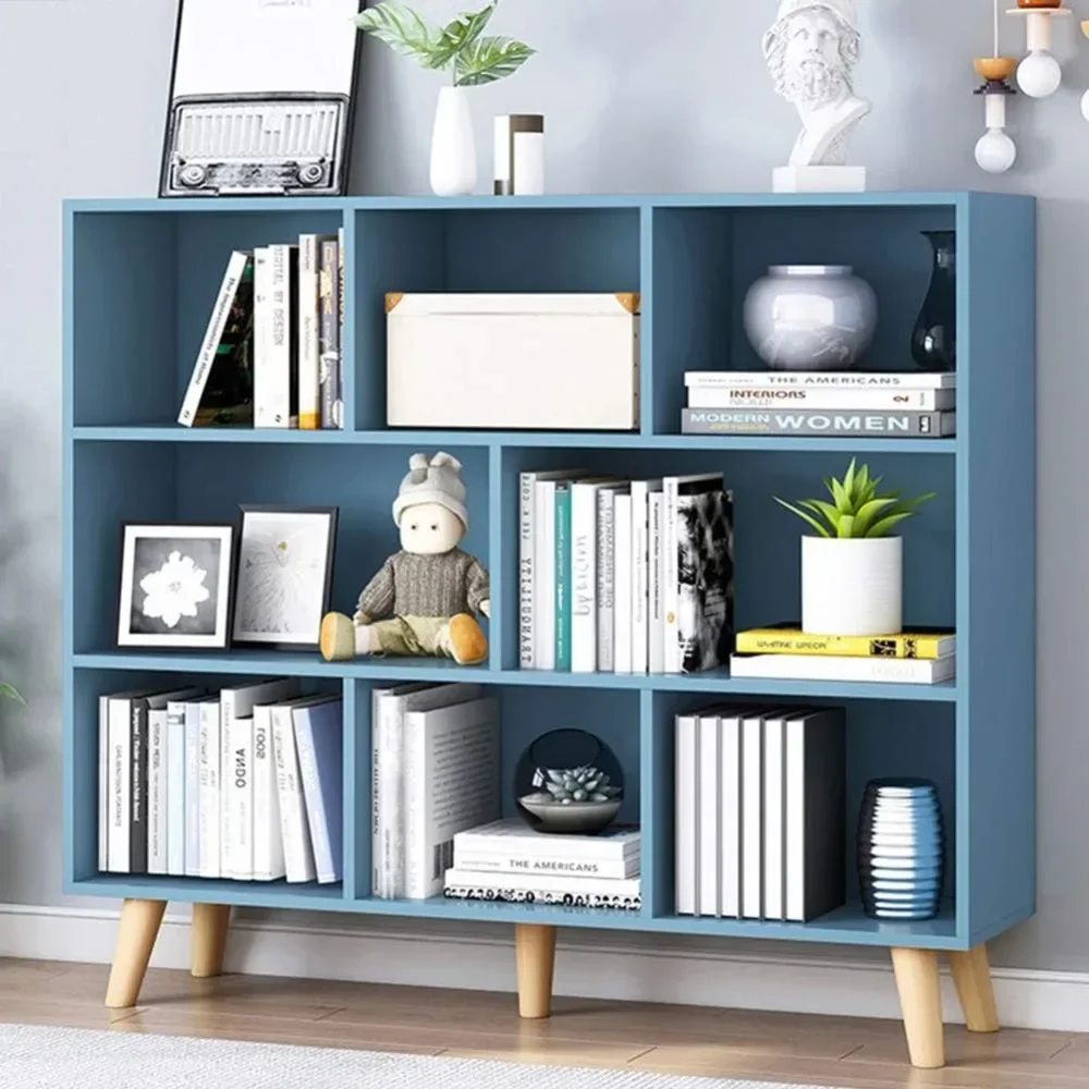 Wooden Open Shelf Bookcase - 3-Tier Floorstanding Display Cabinet Rack with Legs, 8 Cubes Free Standing Bookshelf, Bright Blue