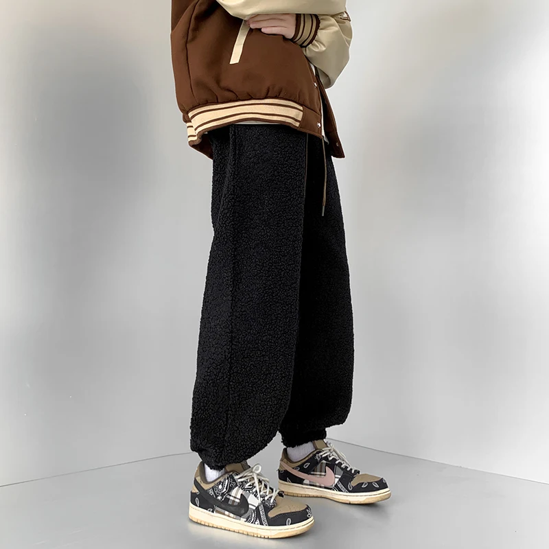 Winter Thick Pants Men Warm Retro Casual Lamb Wool Pants Men Streetwear Hip-hop Loose Wide Leg Pants Mens Thickened Trousers