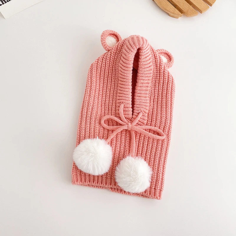 Baby Kid Knit Hooded Scarf Girl Boy Pom Pom Drawstring Hat Scarves 2022 Winter Child Outside Warm Accessories Wear 1-5T