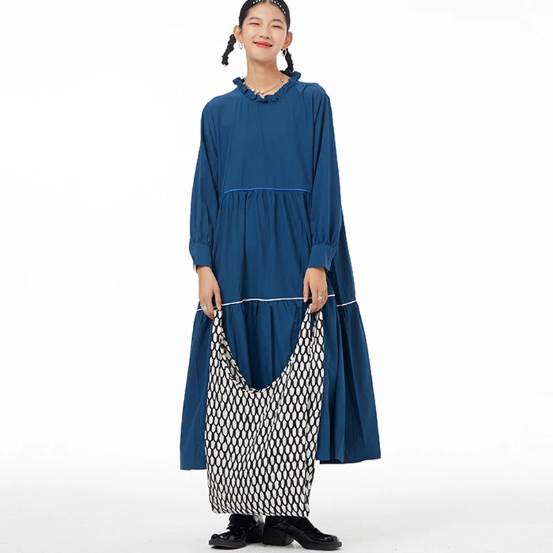 

Johnature Fashion Women Spring 2023 New Dress French Vintage Ruffles Collar Solid Color Loose Original Simple Women Dresses
