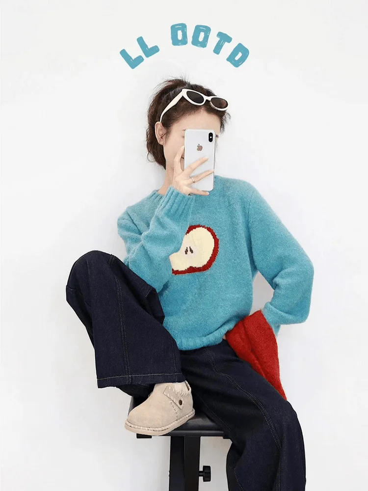 Blue Loose Short Sleeve Long Embroidered Sweater Women's Autumn Winter New Design Knitwear Top Straight Tube Commute Style