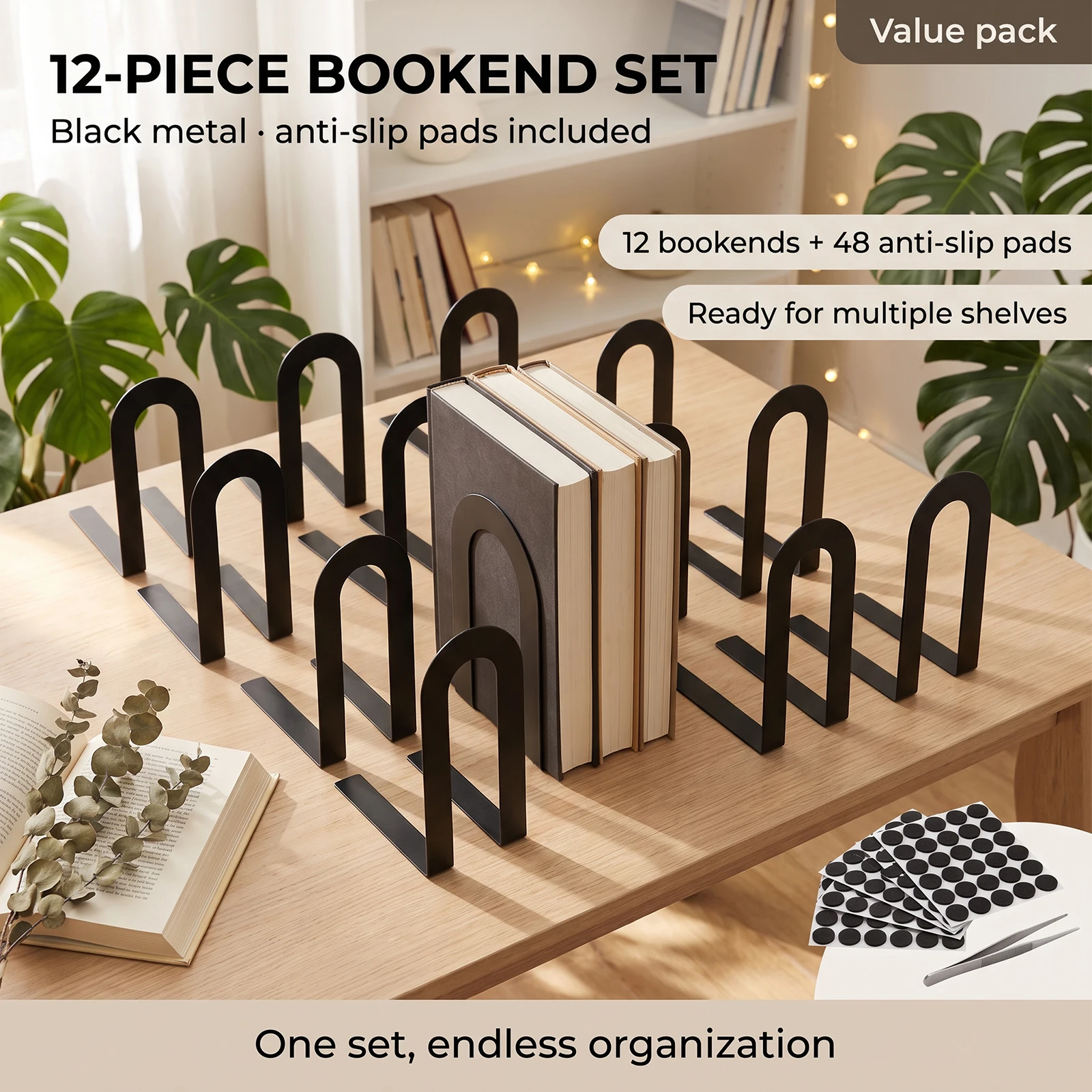 6/12Pcs L-shaped Desk Bookends Iron Open Frame Desk Shelf Book Organizer with Non Slip Pad Minimalist Decorative Metal Bookend