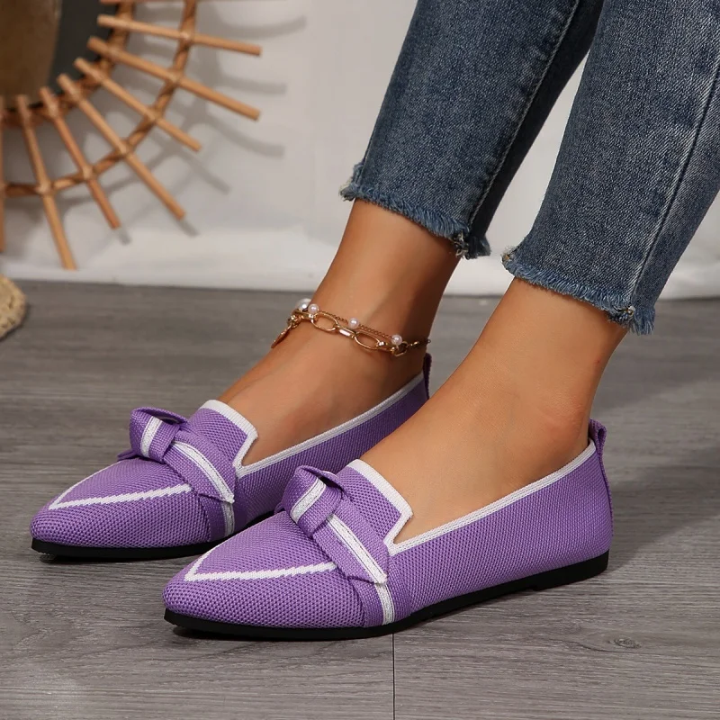 Mocassins leves e confortáveis femininos, gravata borboleta, sapatilhas de balé, bico fino, macio, descalço, malha multicolorida, casual, bailarina
