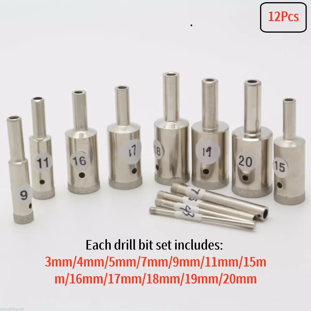 12 Pieces 3-20mm Ultra-thin Edge Diamond Coated Core Drill Bits Hole Saw Drilling Tools for Glass Stone Marble Granite ILOVETOOL