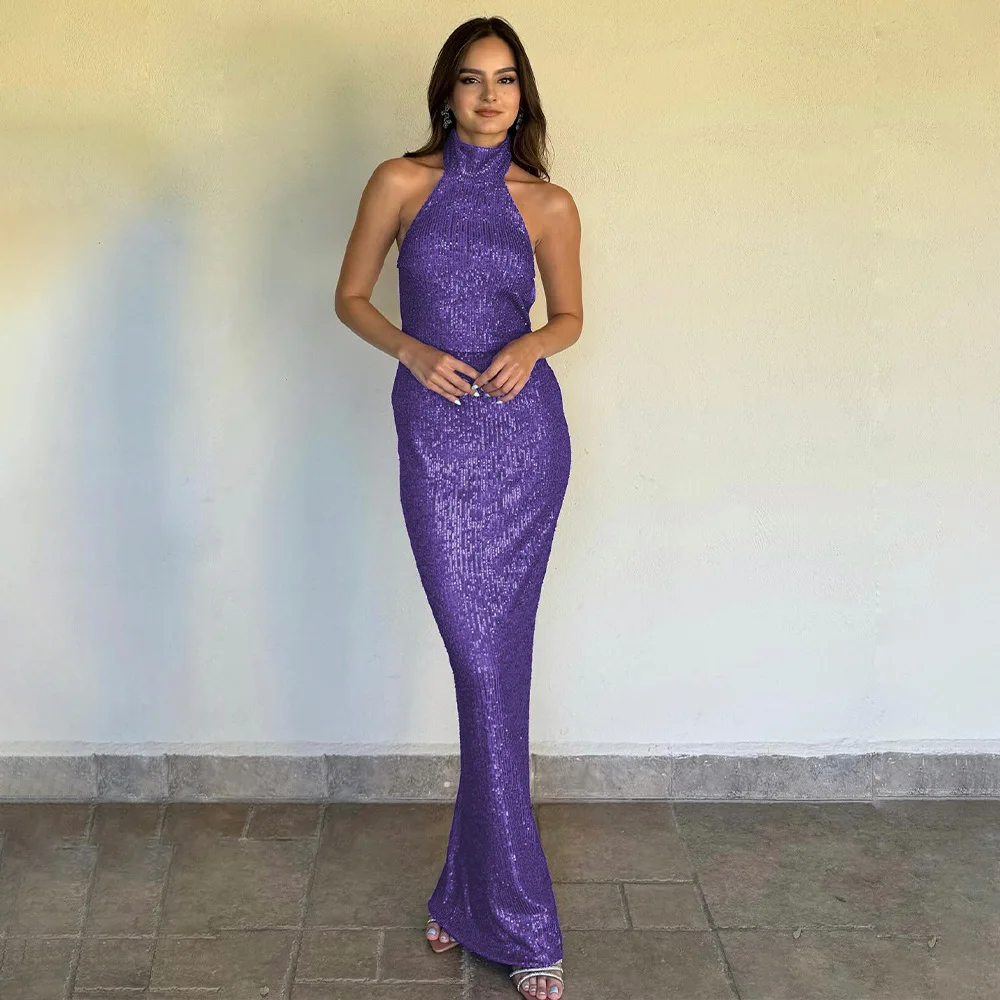 Shiny Sequins Evening Dress Sexy Halter Neck Sleeveless Backless Long Sheath Slim Robe Formal Birthday Glitter Party Prom Gown
