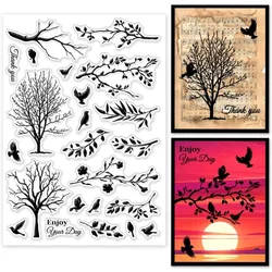 1Sheet Tree Bird Silhouette Clear Stamps Tree Branches Clear Stamps Tree Flower Silicone Stamps for DIY Scrapbooking Photo