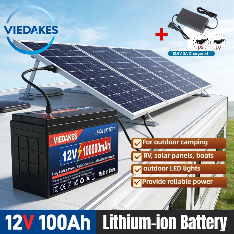 12V LiFePO4 Battery 100Ah Rechargeable Lithium Battery - Fast Charging for Solar Panel, RV, Camping, Emergency Use