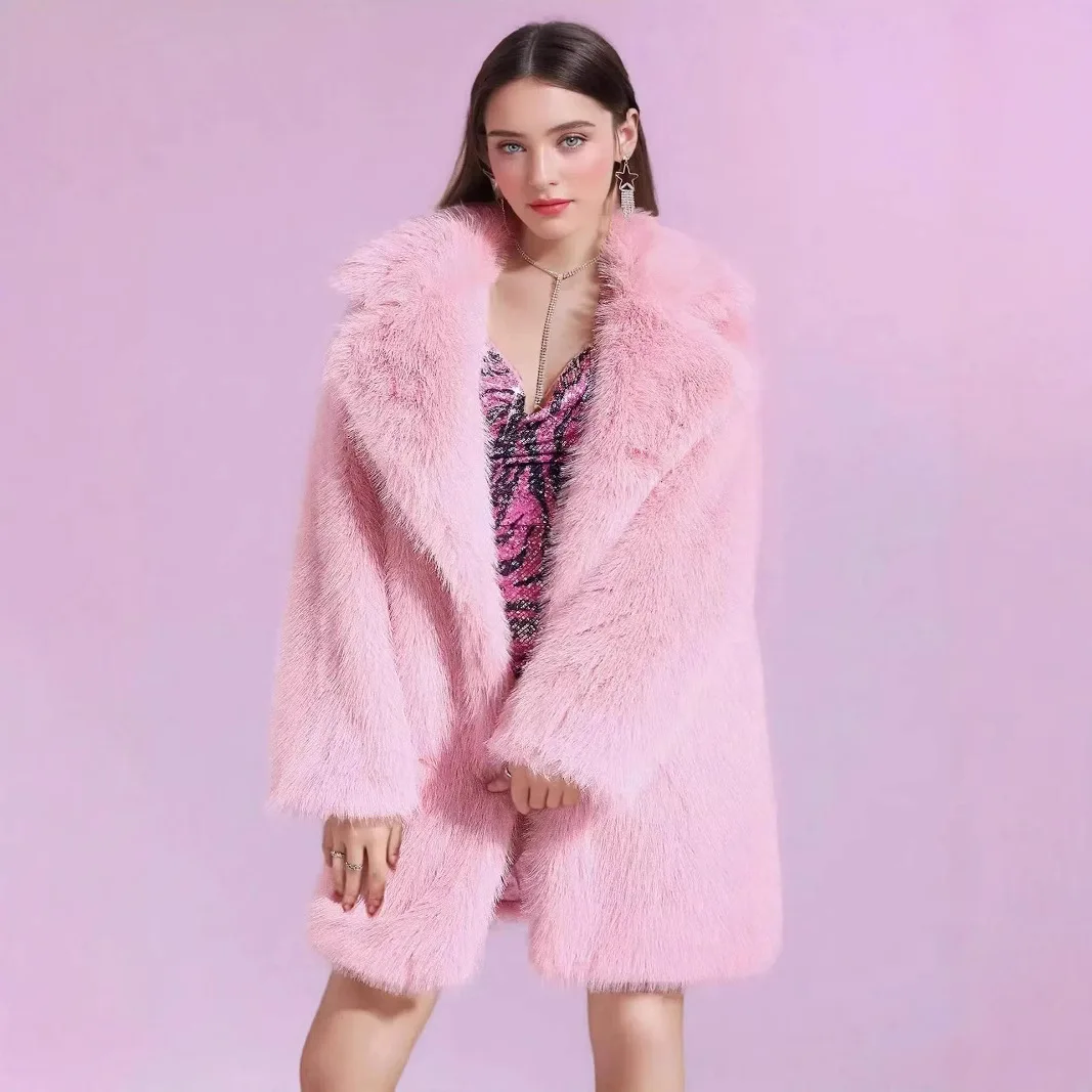 New Street Style Autumn Winter Warm Faux Fur Coat Medium Length Coat Casual High Quality Fluffy Jacket
