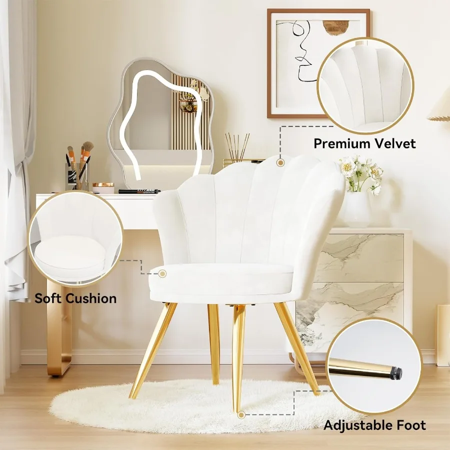 Elegante silla decorativa de terciopelo con patas de metal dorado, perfecta para sala de maquillaje, sala de estar o dormitorio, silla tapizada para invitados en blanco