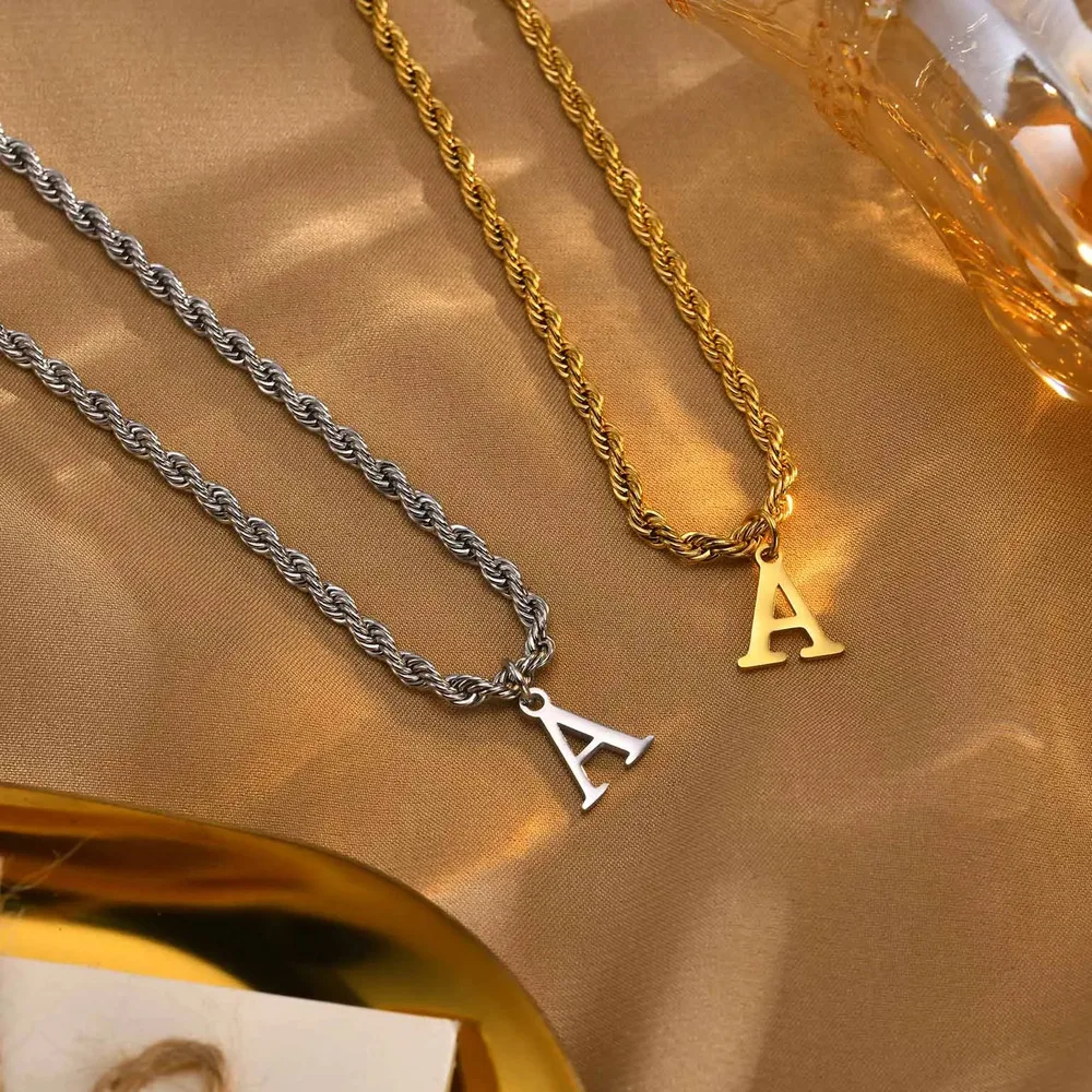 Mprainbow-Collar con inicial para hombre, colgante de acero inoxidable con A-Z de letras del alfabeto, cadena de cuerda trenzada