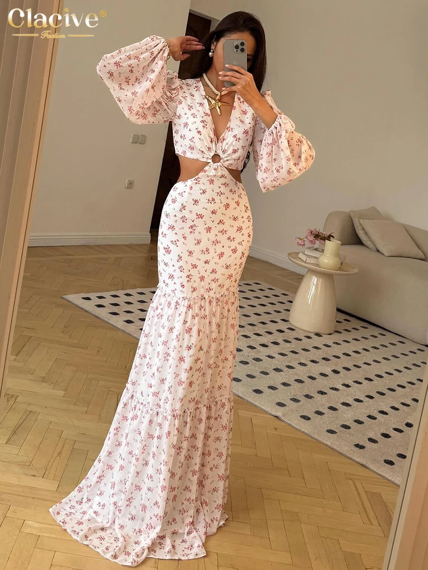 Clacive Sexy Loose Print Women's Dress 2025 Fashion V-Neck Long Sleeve Maxi Dresses Elegant Classic Hollow Out Female DressClaci