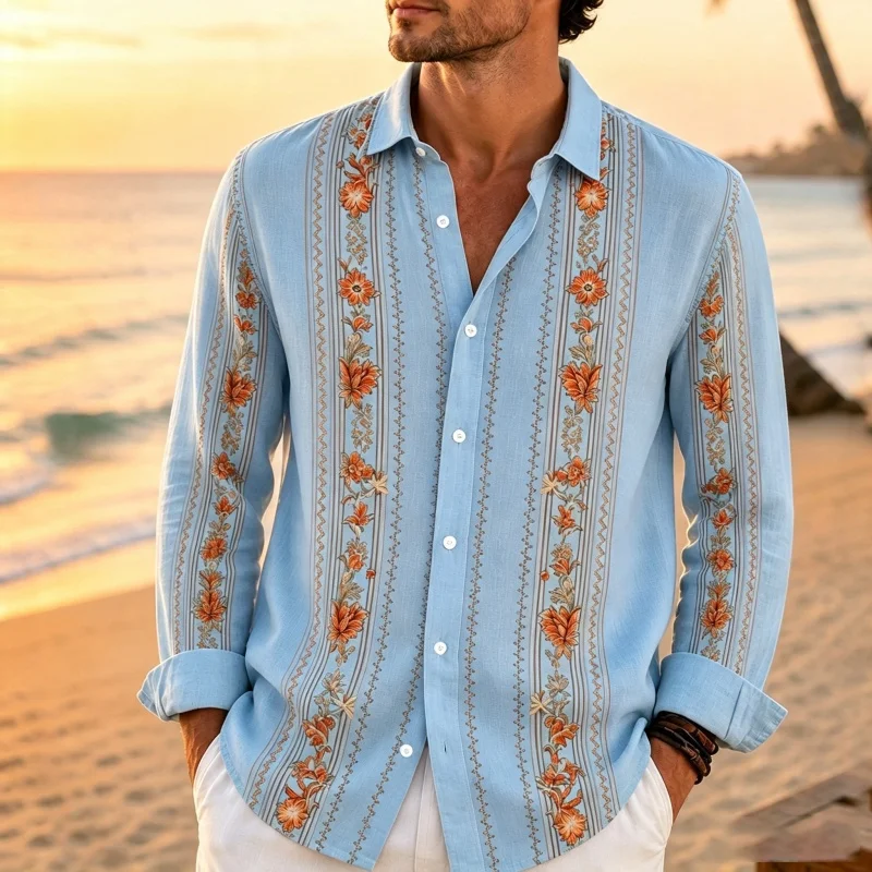 Men's shirt collar long sleeved shirt Bohemian ethnic floral print beach vacation men's top loose beach casual men's clothing