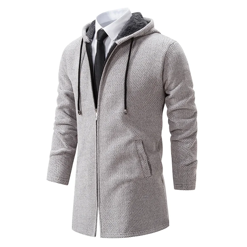 

Men Hooded Sweaters Coat 2025 Autumn Winter Warm Thickened Zipper Solid Casual Medium Long Knitwear Cardigan Sweater Men Clothes
