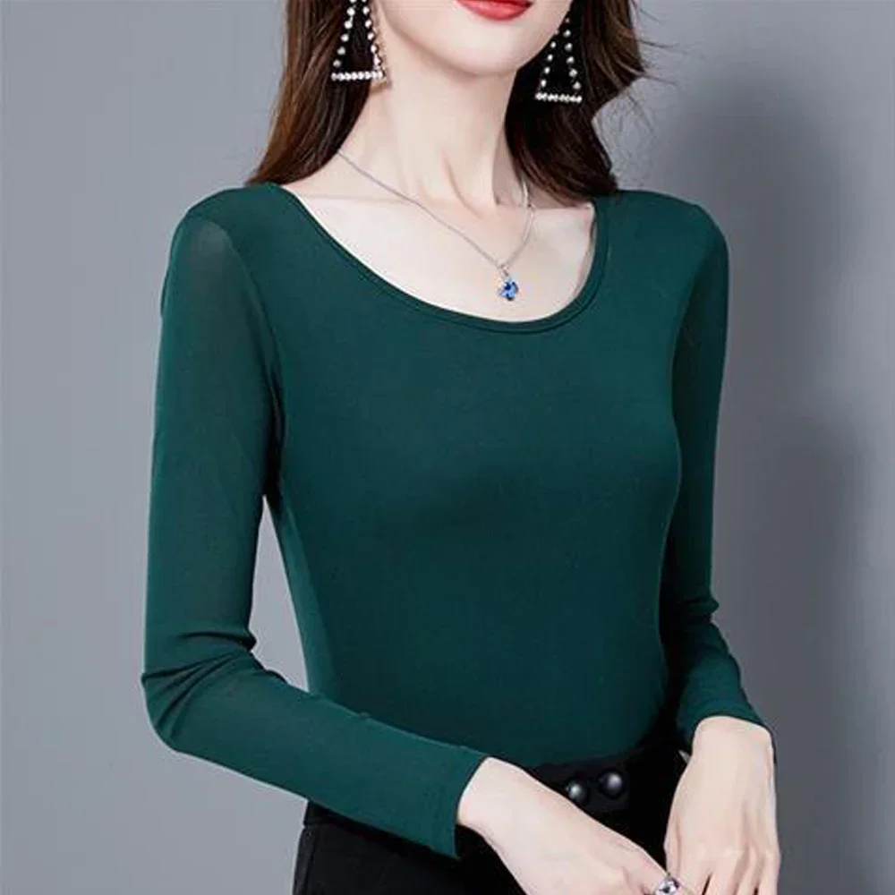 Women\'s New Mesh T Shirt S-4XL Basic O-neck Full Sleeve Shirt Women Slim Stretch Female Bottoming Blouses Green Ladies Sexy Tops