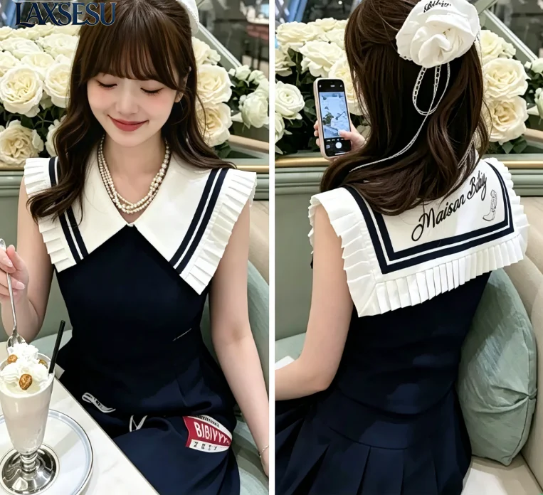 Fashion Girl's T-shirt Navy Collar Sleeveless Top Summer Knitted Shirt Casual Vest Japanese Versatile and Cute Women's Tops