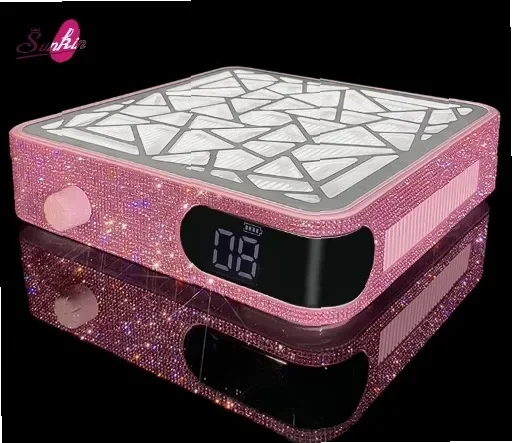 48W 3500RPM Rechargeable Nail Dust Collector with Diamond Rhinestone Design, Pink