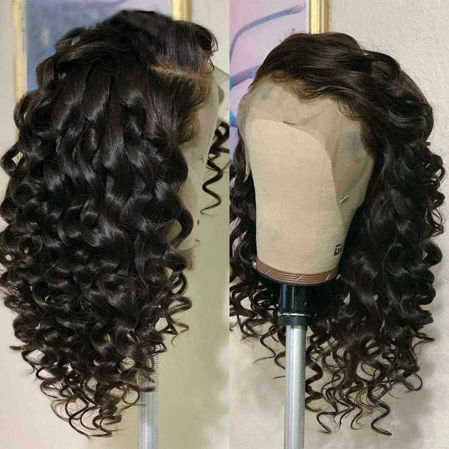 Peluca con malla frontal rizada sin pegamento para mujer, pelo de bebé prearrancado, 26 pulgadas de largo, 180de densidad, color negro Natural, Cosplay diario