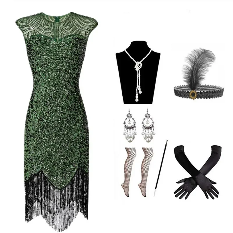 Women 1920s Vintage Flapper Gatsby Dress Summer Sleeveless Party Costumes V-Neck Sequin Fringed Tassel Evening Midi Dress