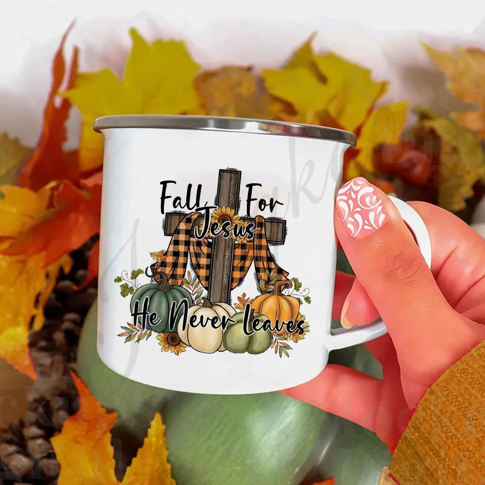 Fall for Jesus He Never Leaves Print Enamel Mug Thanksgiving Camping Mug Gift for Family Friend Fall Home Decor Fall Coffee Cup