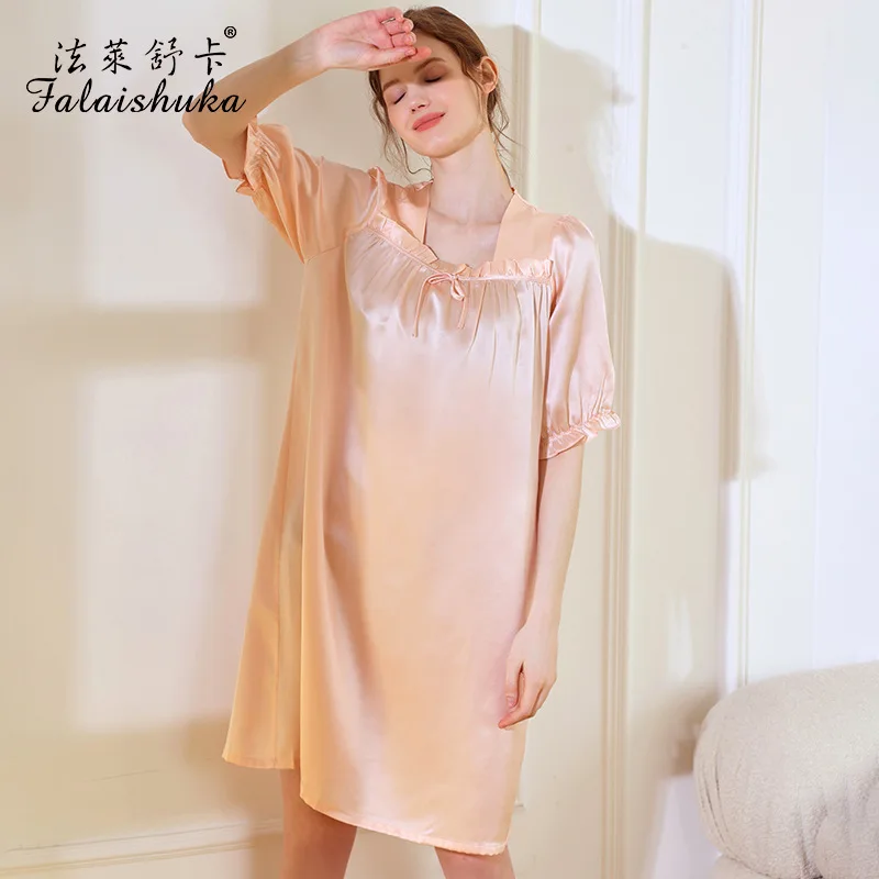 16 momme 100% Genuine Silk sleepdress Women Sleepwear Sweet princess Long sleeve Nightgowns nightdress S5812