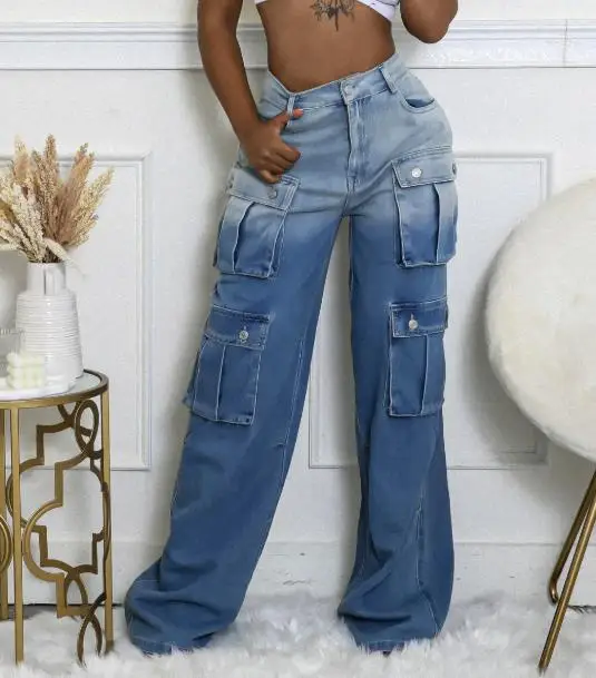 Personalized Street Jeans Fashion Women's Multi Pocket Nail Buckle Gradient Color Workwear Straight Tube Trendy Denim Pants