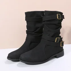 Vintage Women Ankle Boots Chunky High Heels Boots Buckle Rubber Casual Ladies Shoes Female Chelsea Short Boots Shoes Large Size