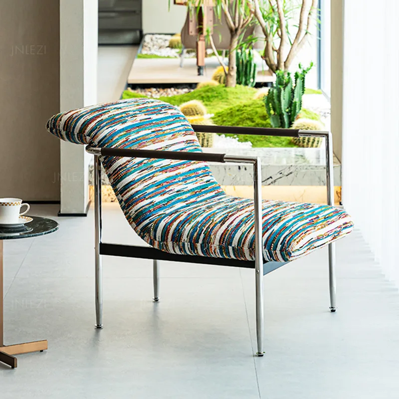 

Single chair Home living room Balcony Armchair Stainless steel fabric leisure Creative retro
