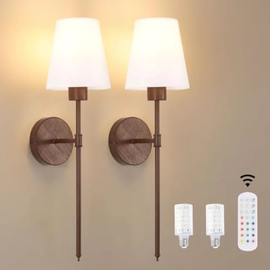 

Battery Operated Wall Sconces Set of 2 Walnut Color Wall Lamp 6000 mAh Rechargeable Bulb with 12 RGB Colors Dimmable Wall Sconc