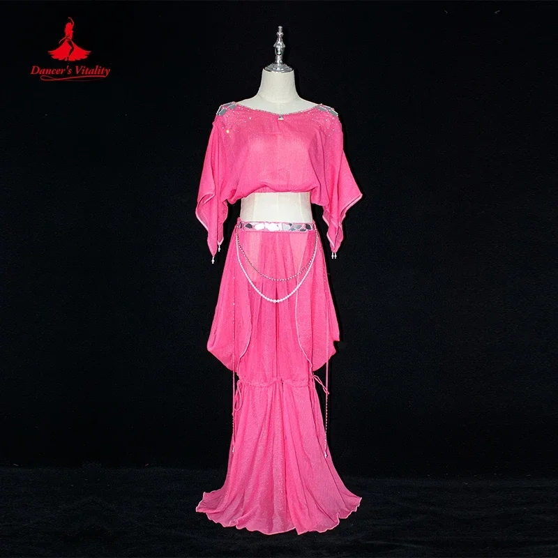 Conjunto de traje de dança do ventre para mulheres, adulto, crianças, conjunto de performance de dança do ventre, top + calças, 2 peças, roupa de