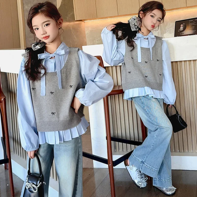 Girls' Spring and Autumn New Fashion Korean Style Trendy Sweater Vest Shirt Three-Piece Set for Big Kids
