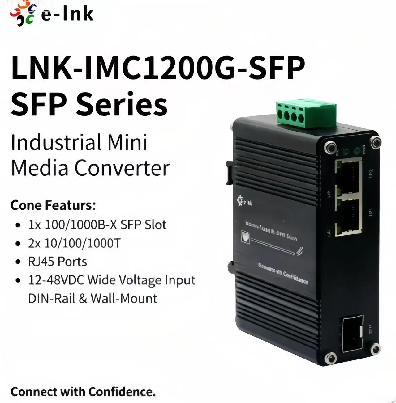 Industrial SFP Media Converter 2-Port Gigabit Ethernet, 10/100/1000Base-T to 100/1000Base-X