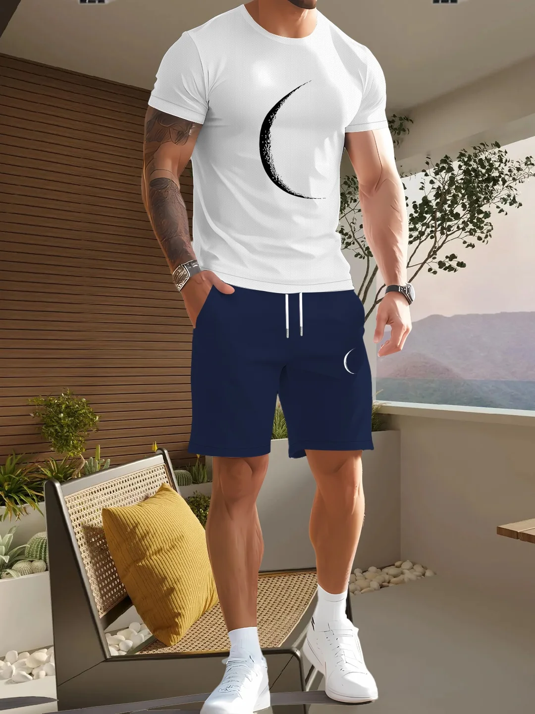

two-piece set for men, featuring patterned printed breathable and lightweight short-sleeved T-shirts and shorts, suitable for re