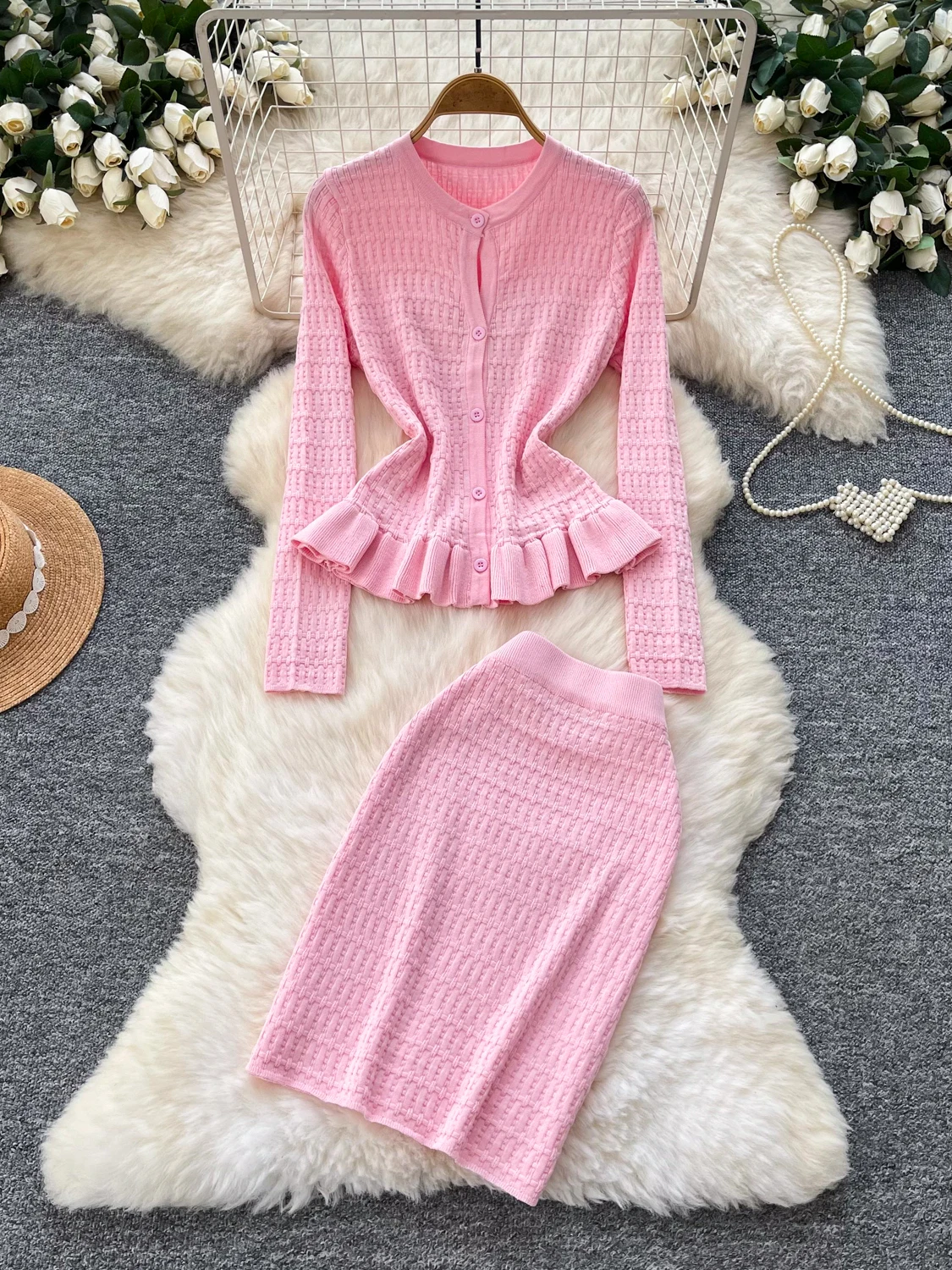 Elegant Pink Knitted Two-Piece Set for Women Long Sleeve Open Cardigan with Lace Hemline Slim Fit High Waist Skirt Autumn Fas...