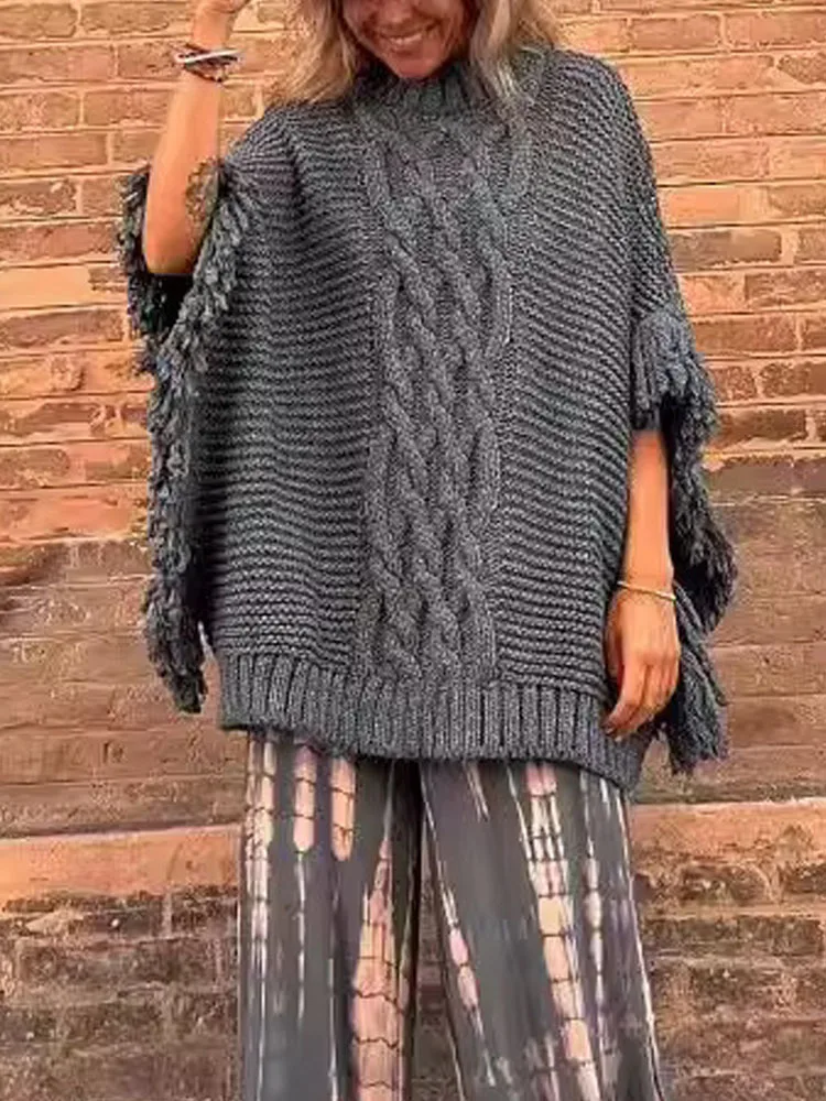 

Элегантный однотонный вязаный топ с кисточками, женский модный свободный свитер с круглым вырезом и рукавами «летучая мышь», осень-зима, повседневный пуловер