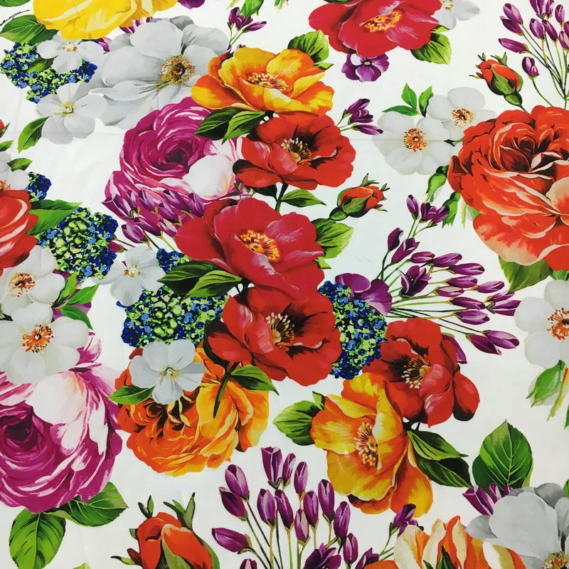 135x50cm Silk Fabric European and American Brand White Peony Flower Print Wide Stretch Crepe De Chine Mulberry Silk Dress Fabric