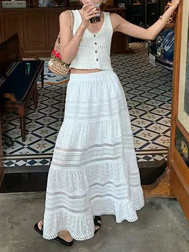 甘いスタイルのハイウエストレース透かし彫りAラインロングミディスカート、東大門の新鮮で繊細なデザイン、レディースファッションスカート