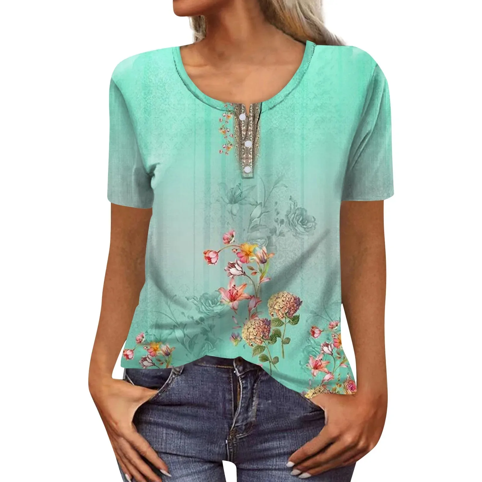 3d Retro Ethnic Style Flower Print Pattern Short Sleeved T-Shirt Fashionable Button Top Casual Women's Casual Long Sleeved Wg19