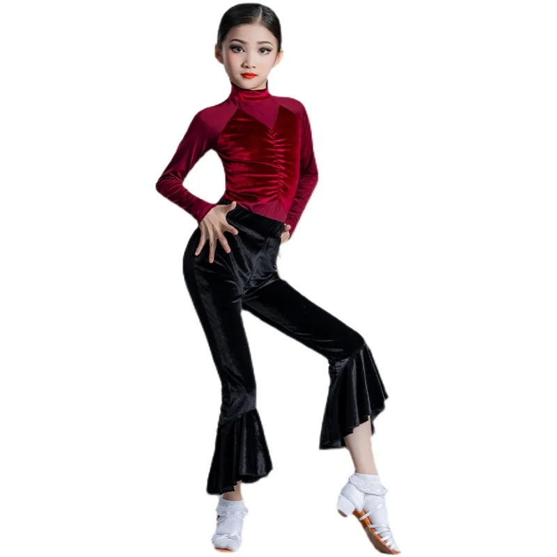 Ropa de práctica de baile latino para niñas, pantalones de manga larga, ropa de práctica de terciopelo, Ropa de baile para niños, Otoño e Invierno