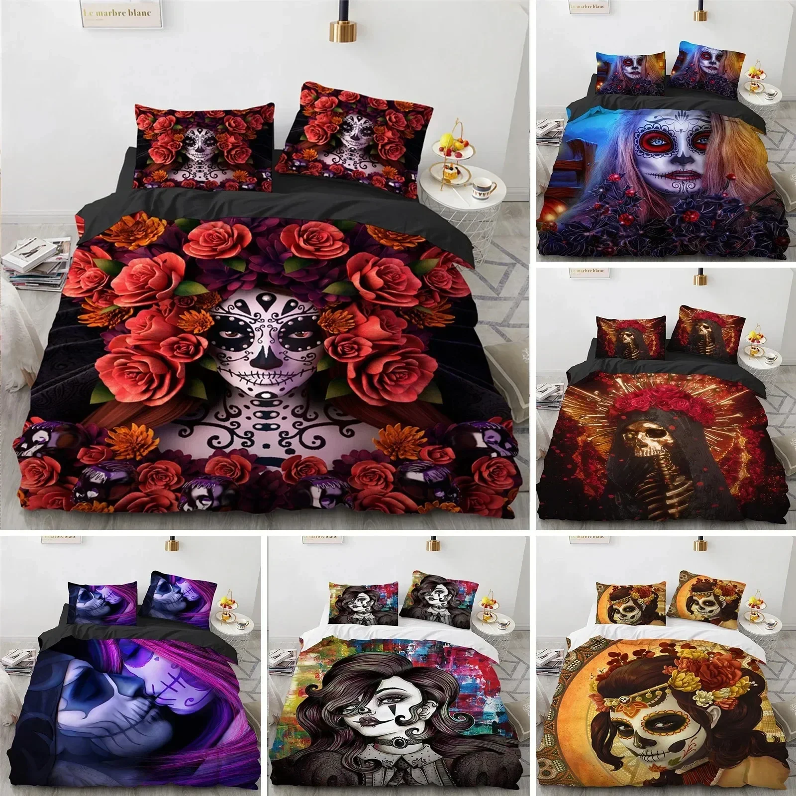 Skull Duvet Cover Queen Size Microfiber Vintage Sugar Skull Girl Day of The Dead Bride with Dark Color Roses Graphic Bedding Set