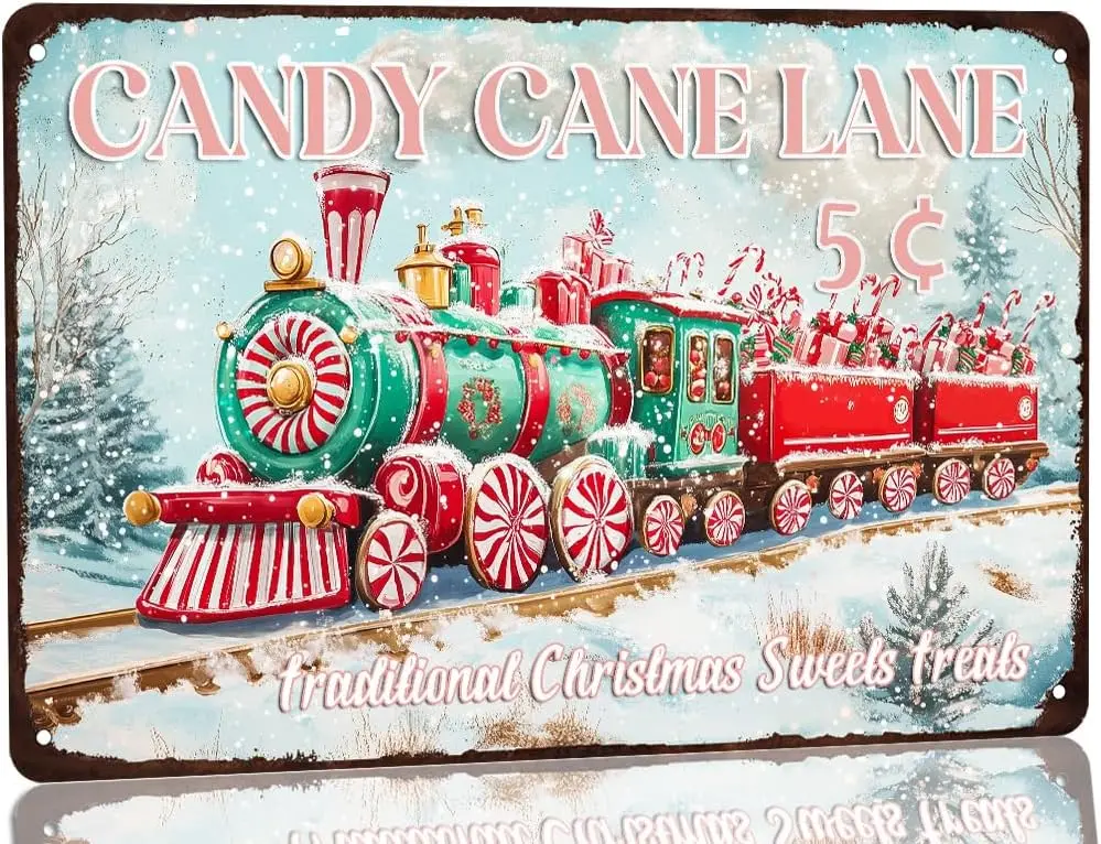 Pink Christmas Decor Sign - Candy Cane Lane Metal Tin Sign, Traditional Christmas Sweets Treats Sign, Festive Wall Decor for Kit
