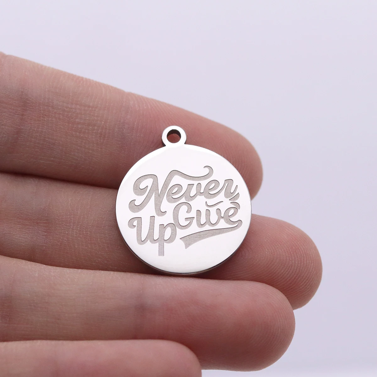2PCS Punk Round Never Give Up Quote Pendant Stainless Steel Charms For Jewelry Making Trend Necklace Findings Inspire Accessorie