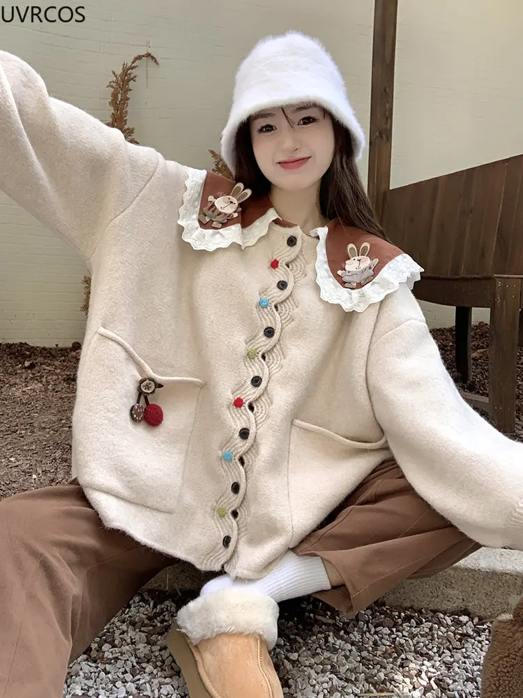 Autumn Winter Warm Knitted Sweater Cardigan Women Sweet Bunny Embroidery Long Sleeve Peter Pan Collar Blouse Kawai Knitwear Coat